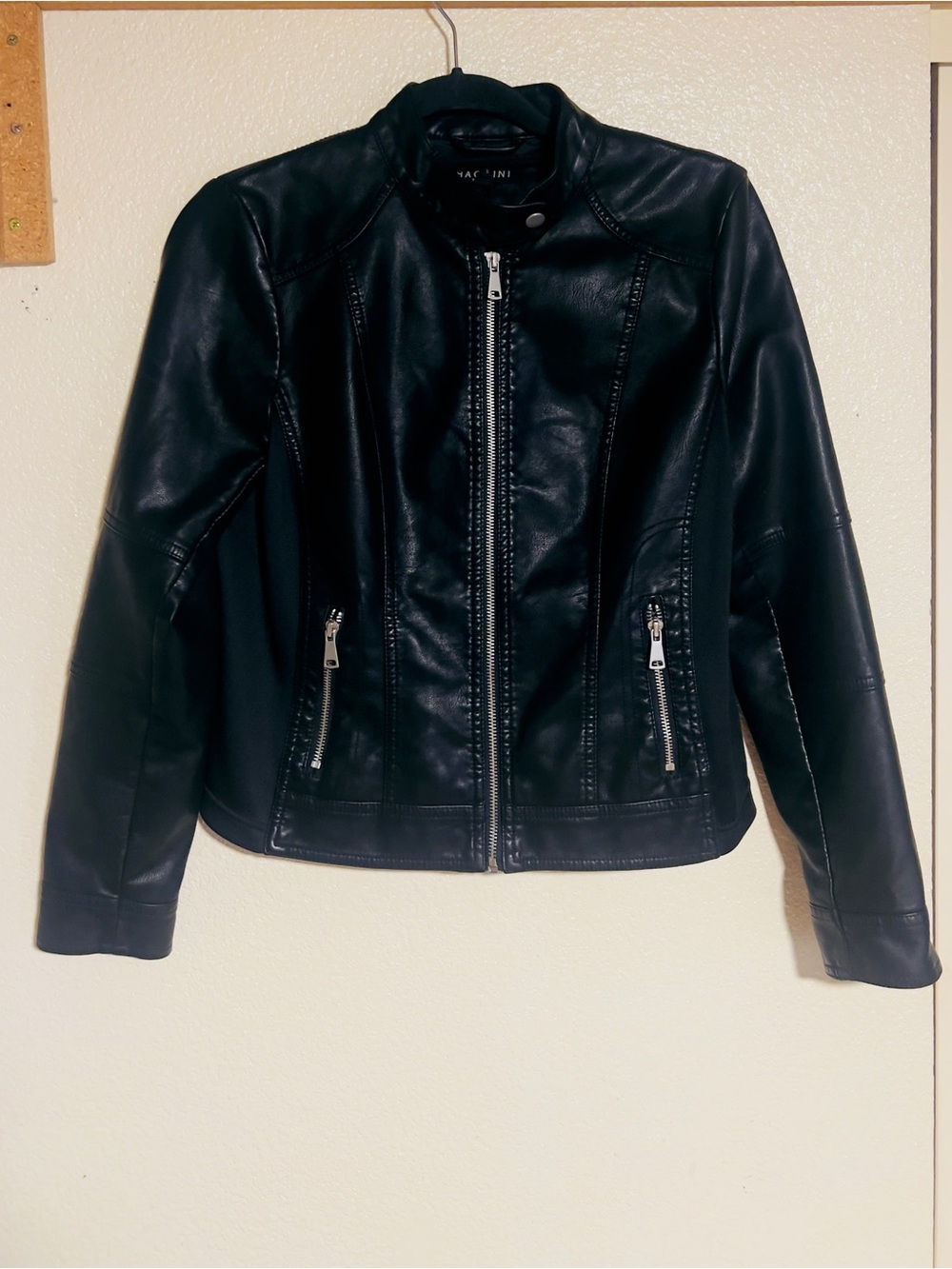 Baccini-Black Faux Leather Moto Jacket - Women
